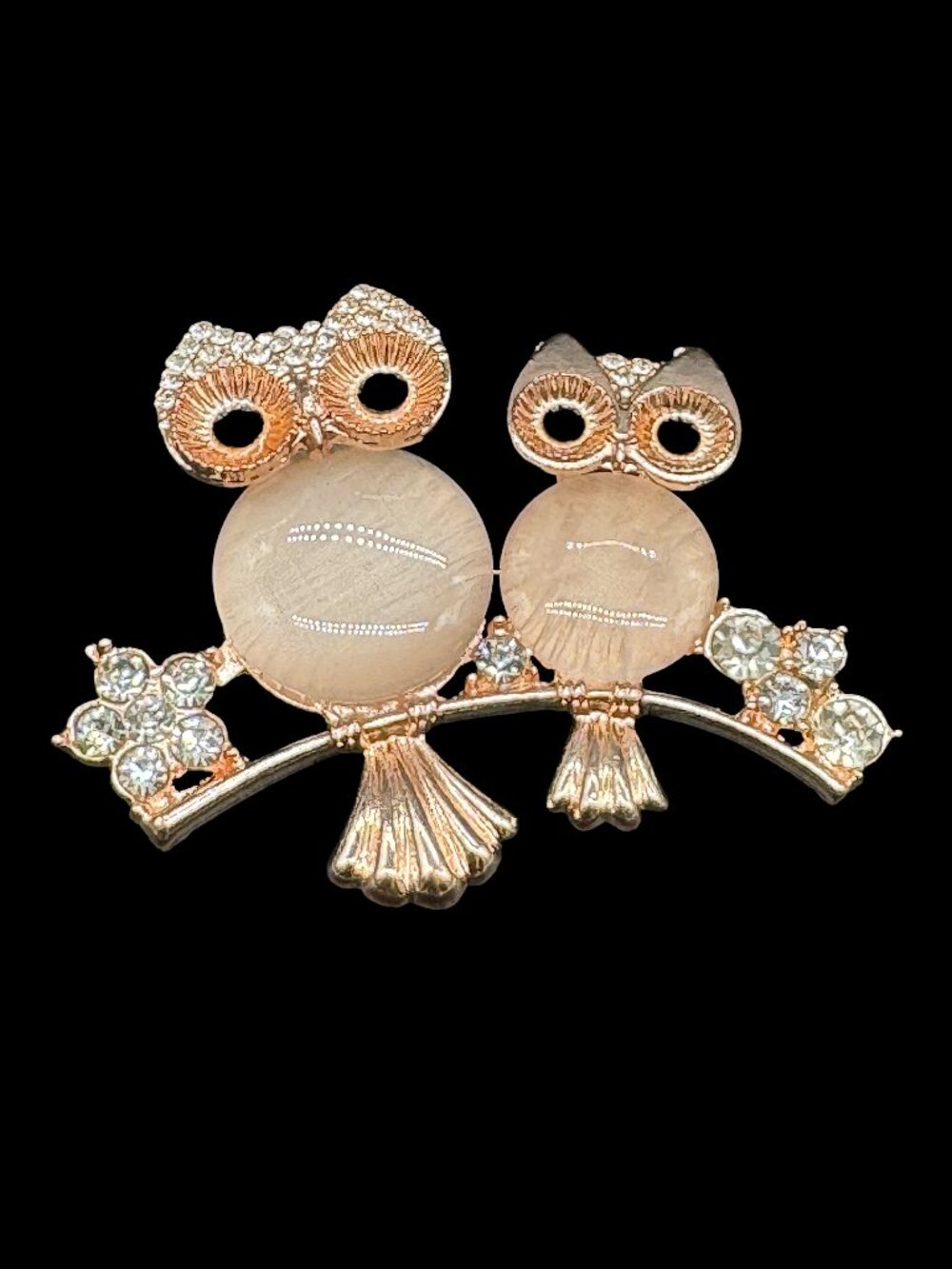 Rose Gold Tone Owls Brooch Glass Cabochons & Clear Rhinestones